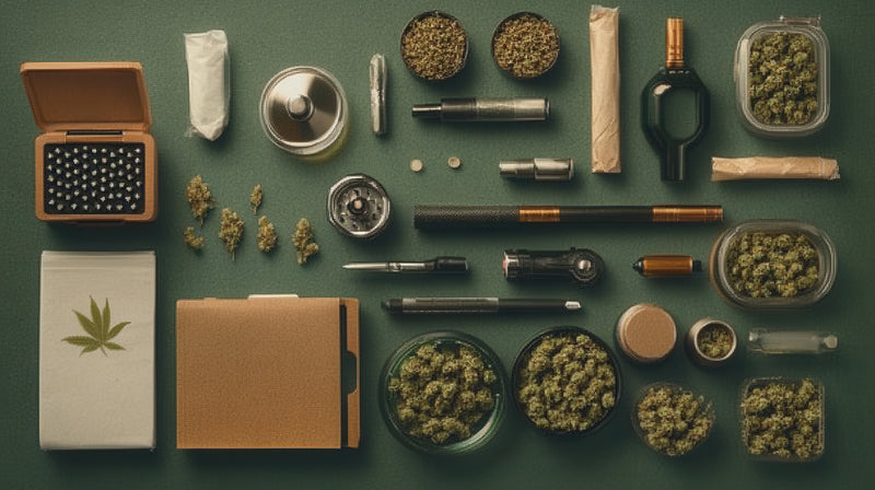 Cannabis accessories variety for head shop with cannabis in photo